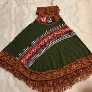 Bohemian Green and Orange Knit Poncho with Fringes Tassels Turtleneck Sweater